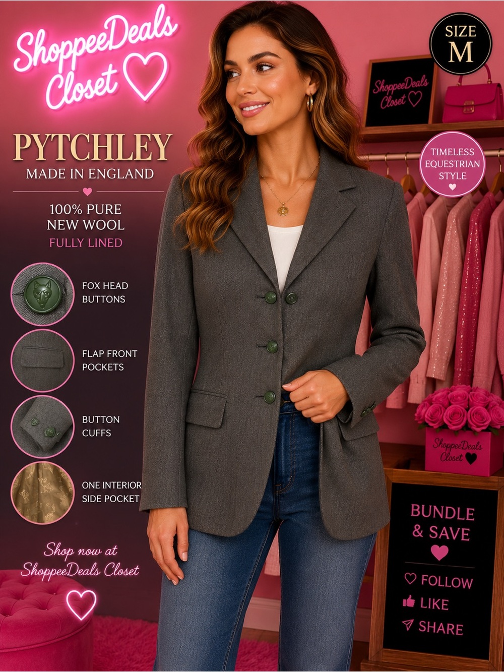 Pytchley England Pure New Wool Equestrian Blazer Jacket Fox Buttons Gray